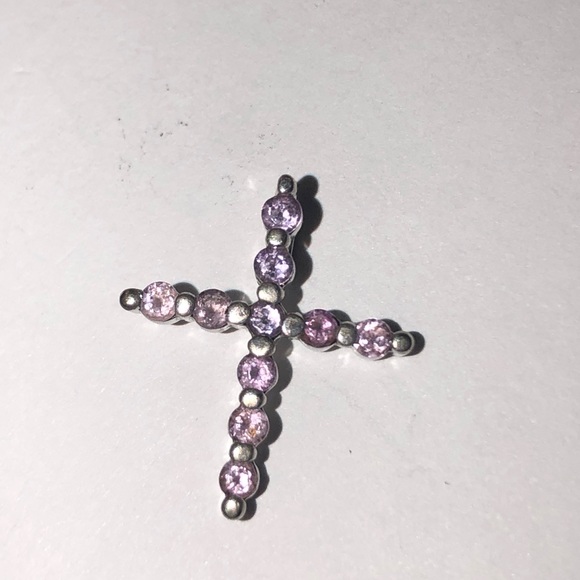 Vintage Solid 925 Sterling Silver Amethyst Cross Pendant - Picture 1 of 6